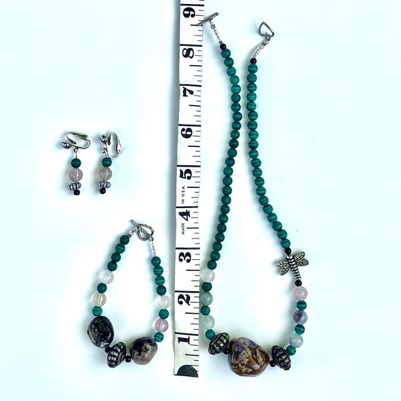 Dragonfly, Stone, and Faux Malachite Necklace, Bracelet, Clip-on Earring Set - Picture 2 of 11